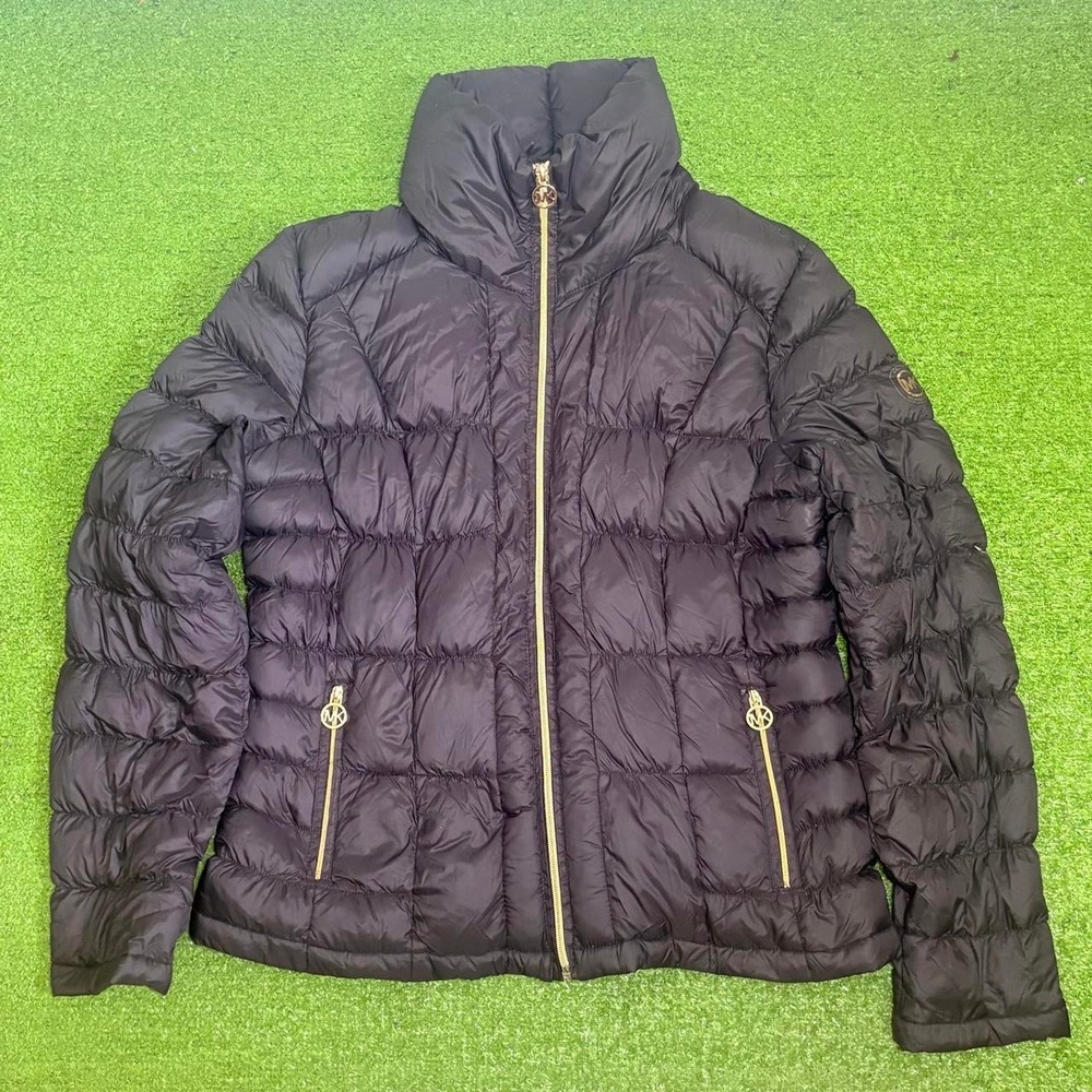 Michael Kors Packable Down Fill Puffer Jacket Women Size L Black Zip Up